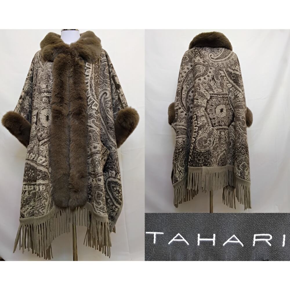 Tahari Shawl One Size Brown Paisley Fur Trim Fringe NWT #Z5346